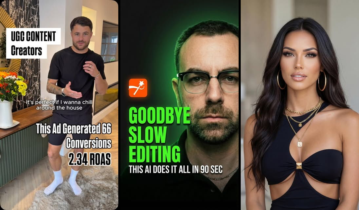 AI-generated user content ads displayed on multiple screens showing performance metrics and 2.34 ROAS results