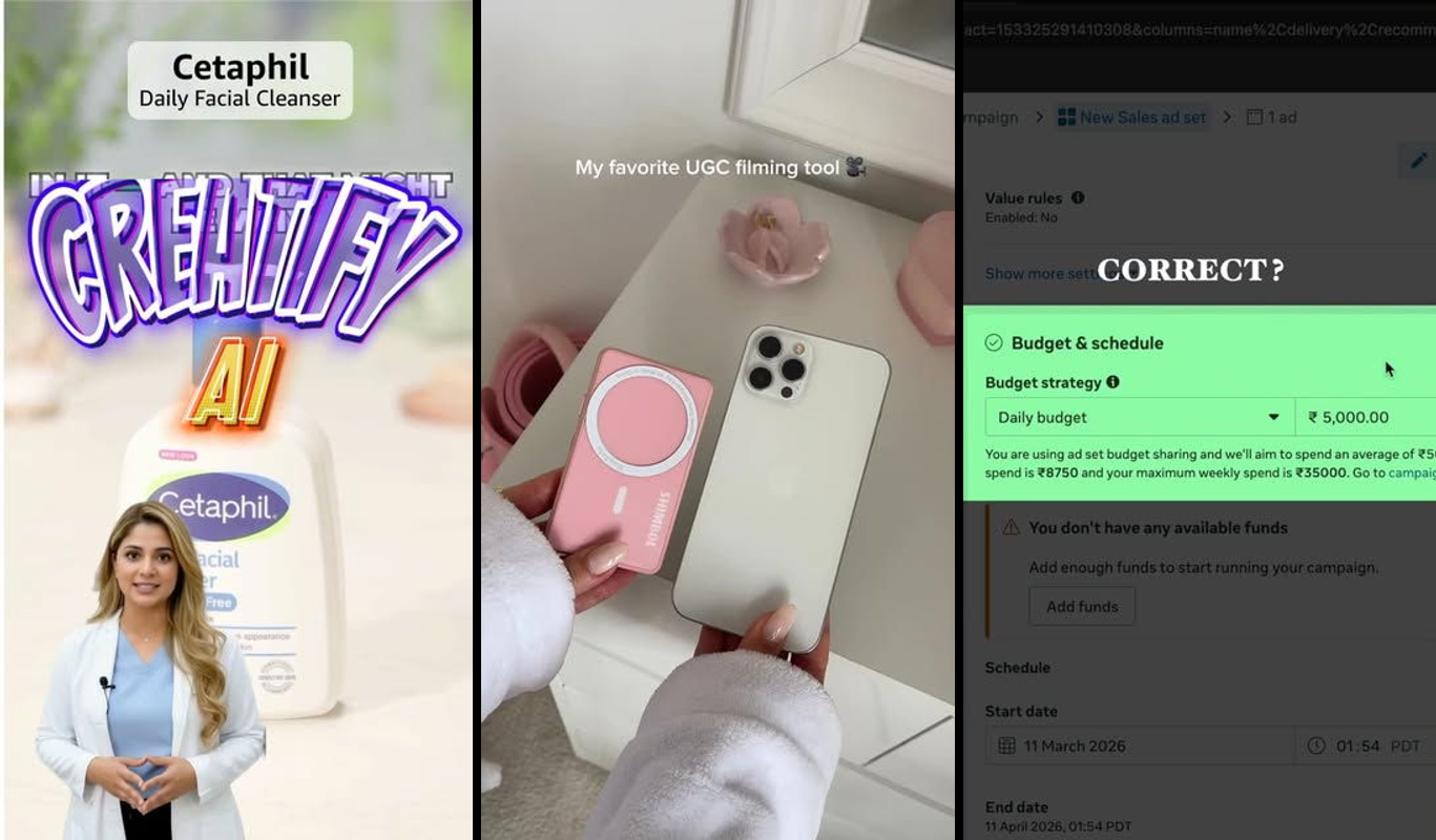 UGC creator analyzing multiple user-generated content ads on laptop screen with growth charts showing scaled advertising r...